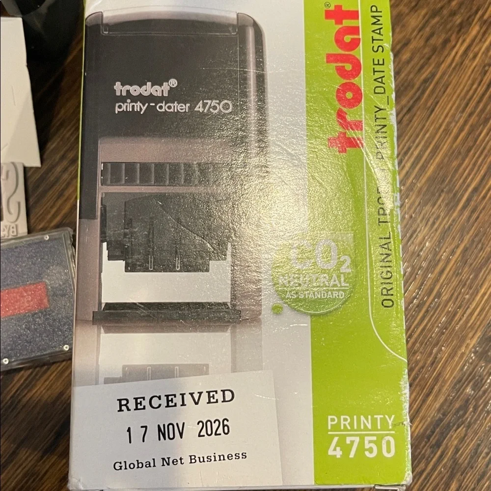 Trodat Roda Printy 4750 Black Date Stamper, prints blue and red, NWT last 2027